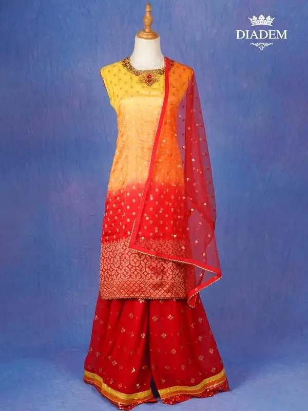 Red Palazzo Suit Adorned In Flower Design Zari With Dupatta