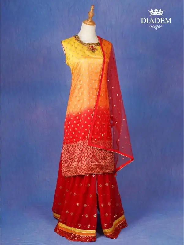 Red Palazzo Suit Adorned In Flower Design Zari With Dupatta