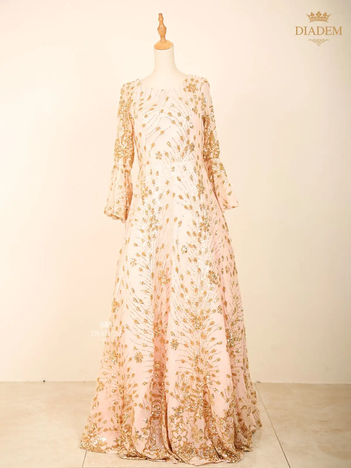 Light Beige Gown Embellished With Floral Sequins