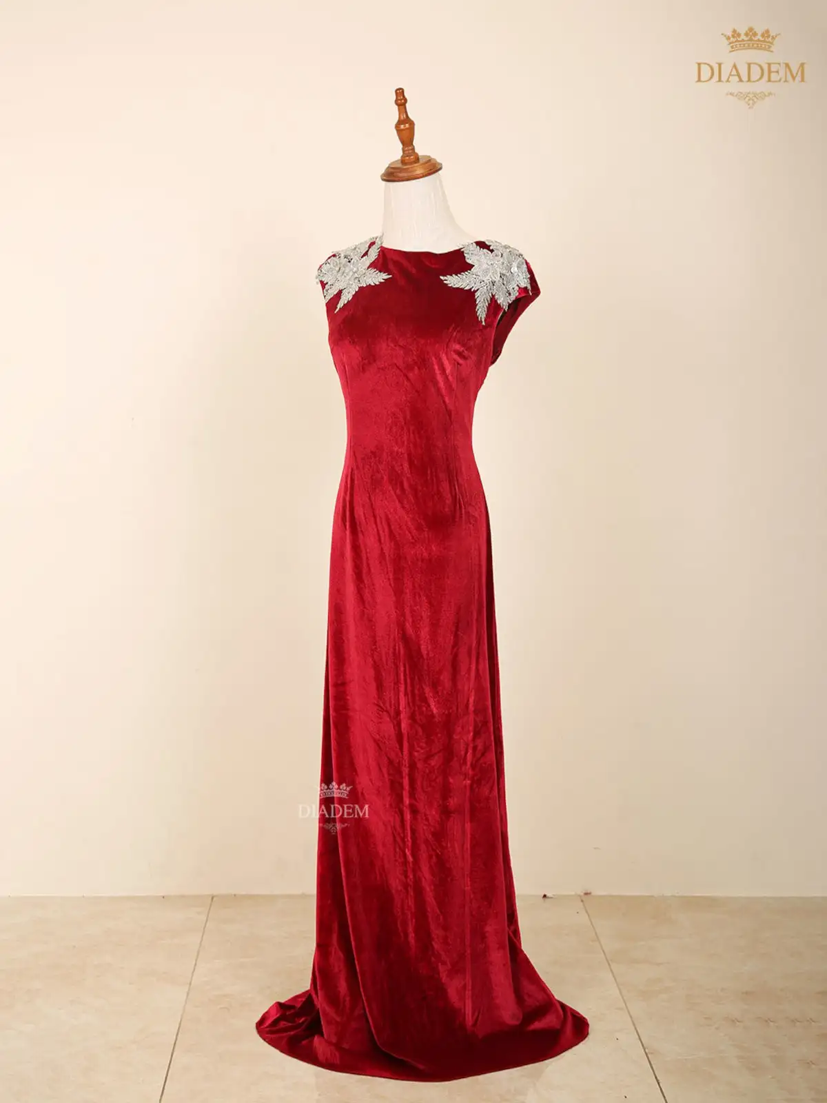 Red Straight Velvet Gown Adorned With Floral Laces