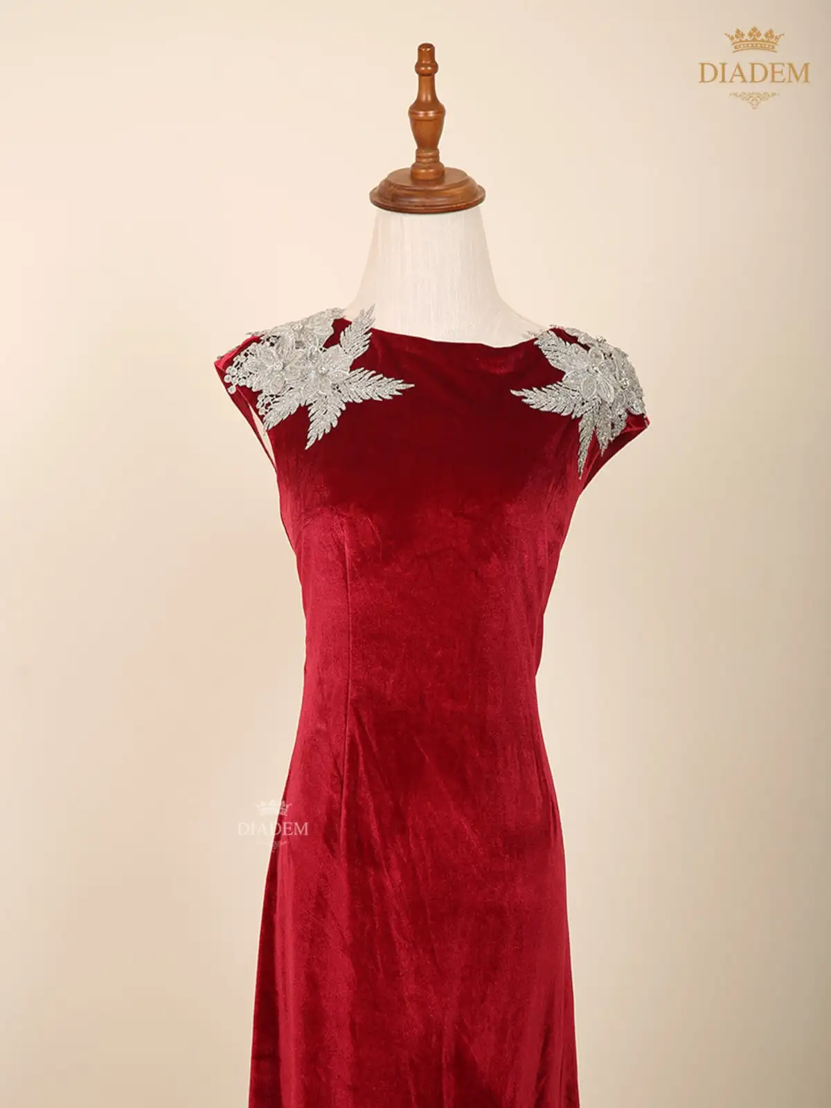 Red Straight Velvet Gown Adorned With Floral Laces