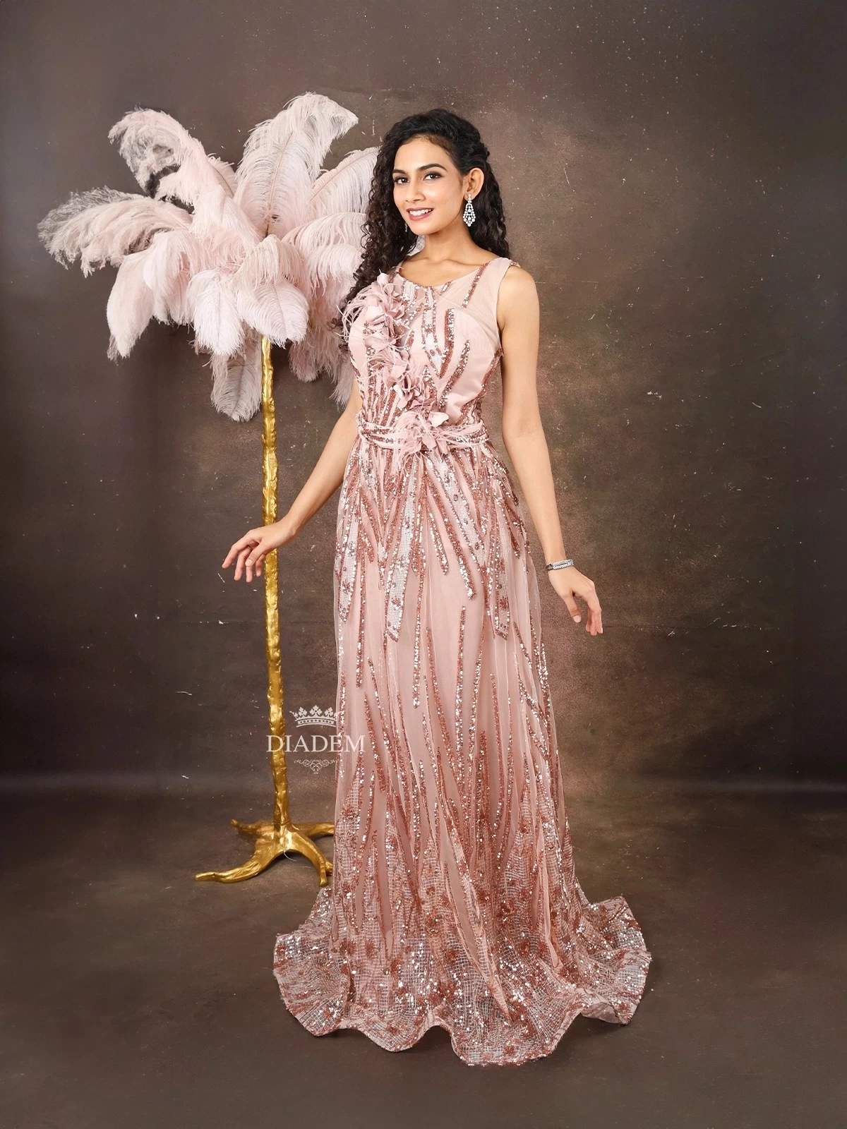 Light Peach Net Gown Embellished With Sequins And 3d Flowers
