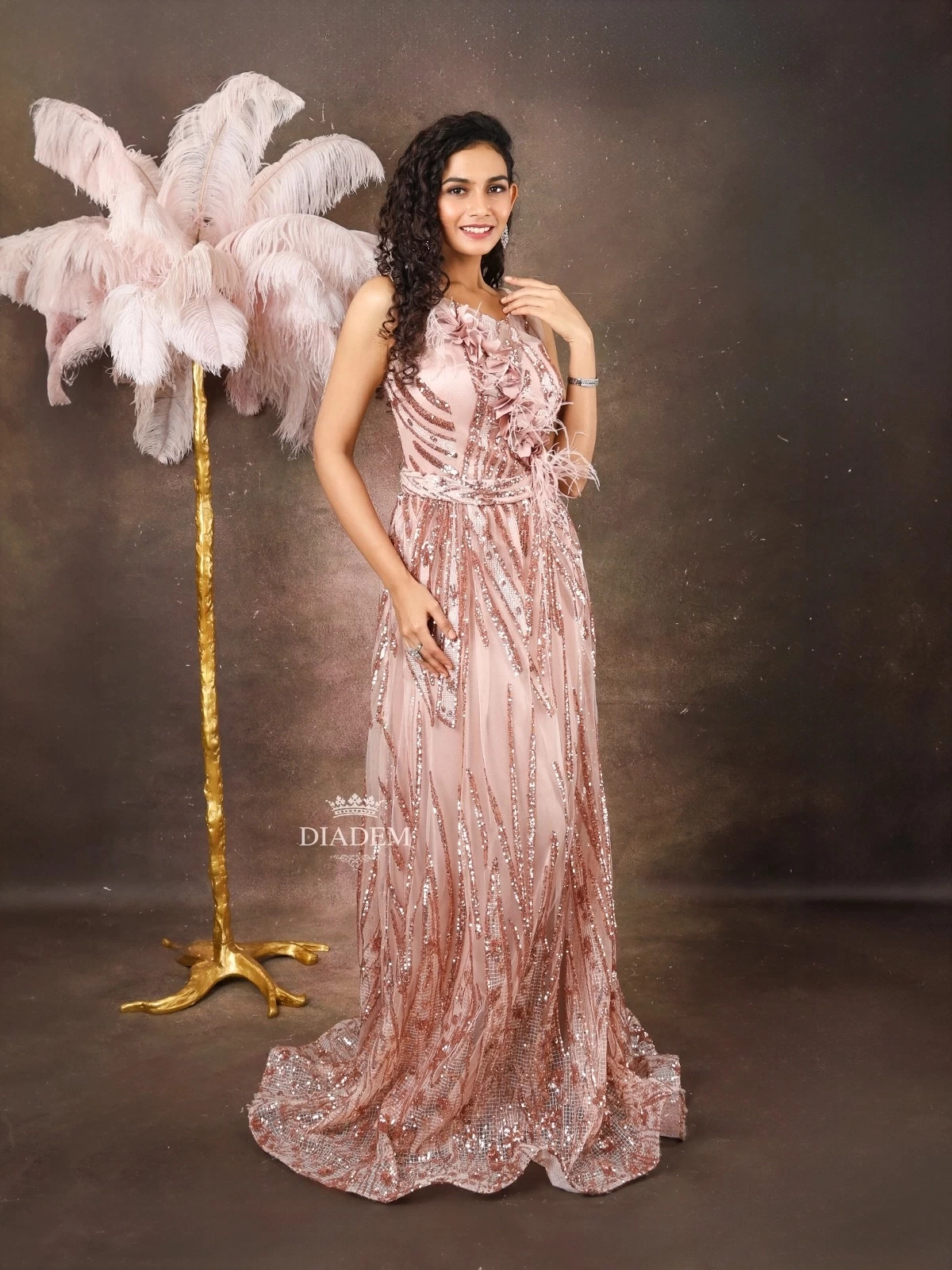 Light Peach Net Gown Embellished With Sequins And 3d Flowers