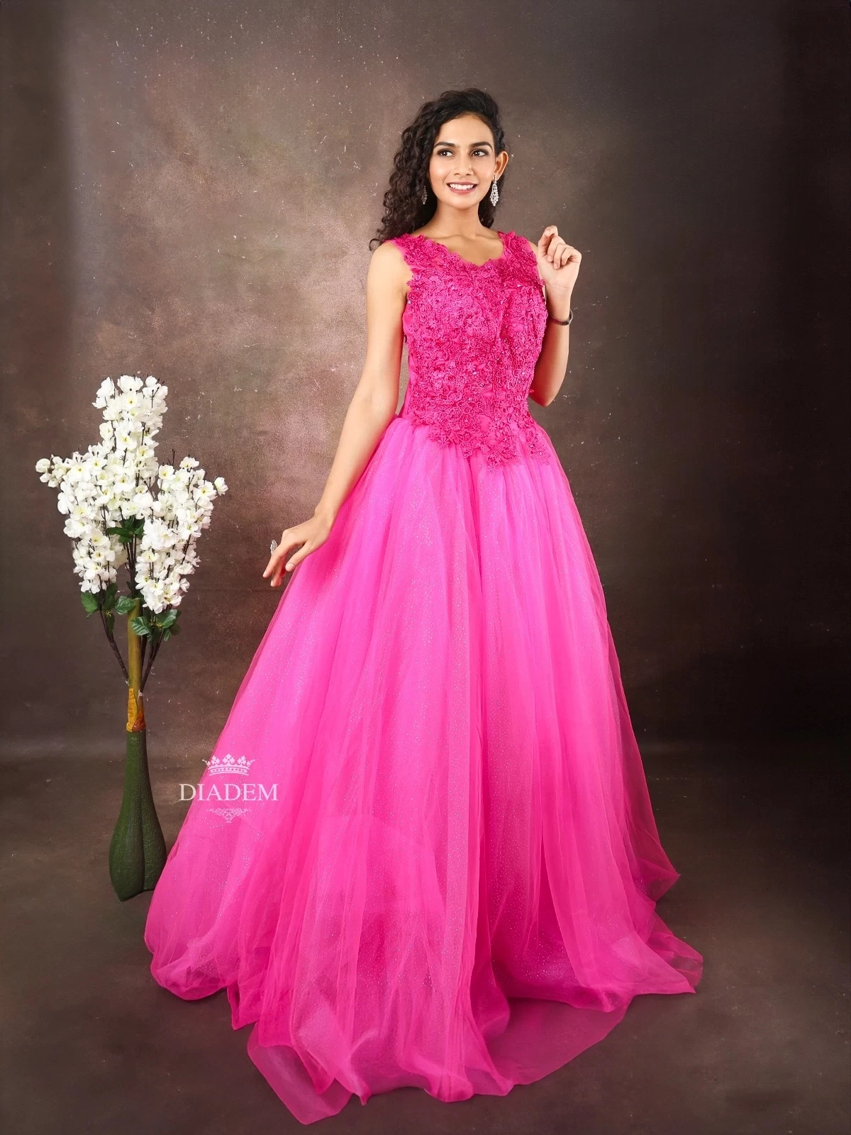 Pink Net Ball Gown Embellished With Floral Lace And Beads