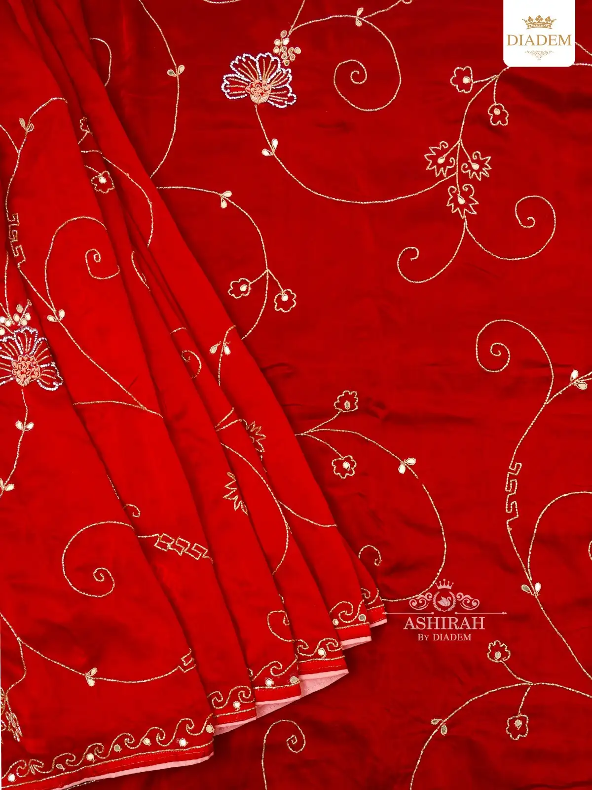 Red Chiffon Saree Embellished With Beads And  Mirror Work