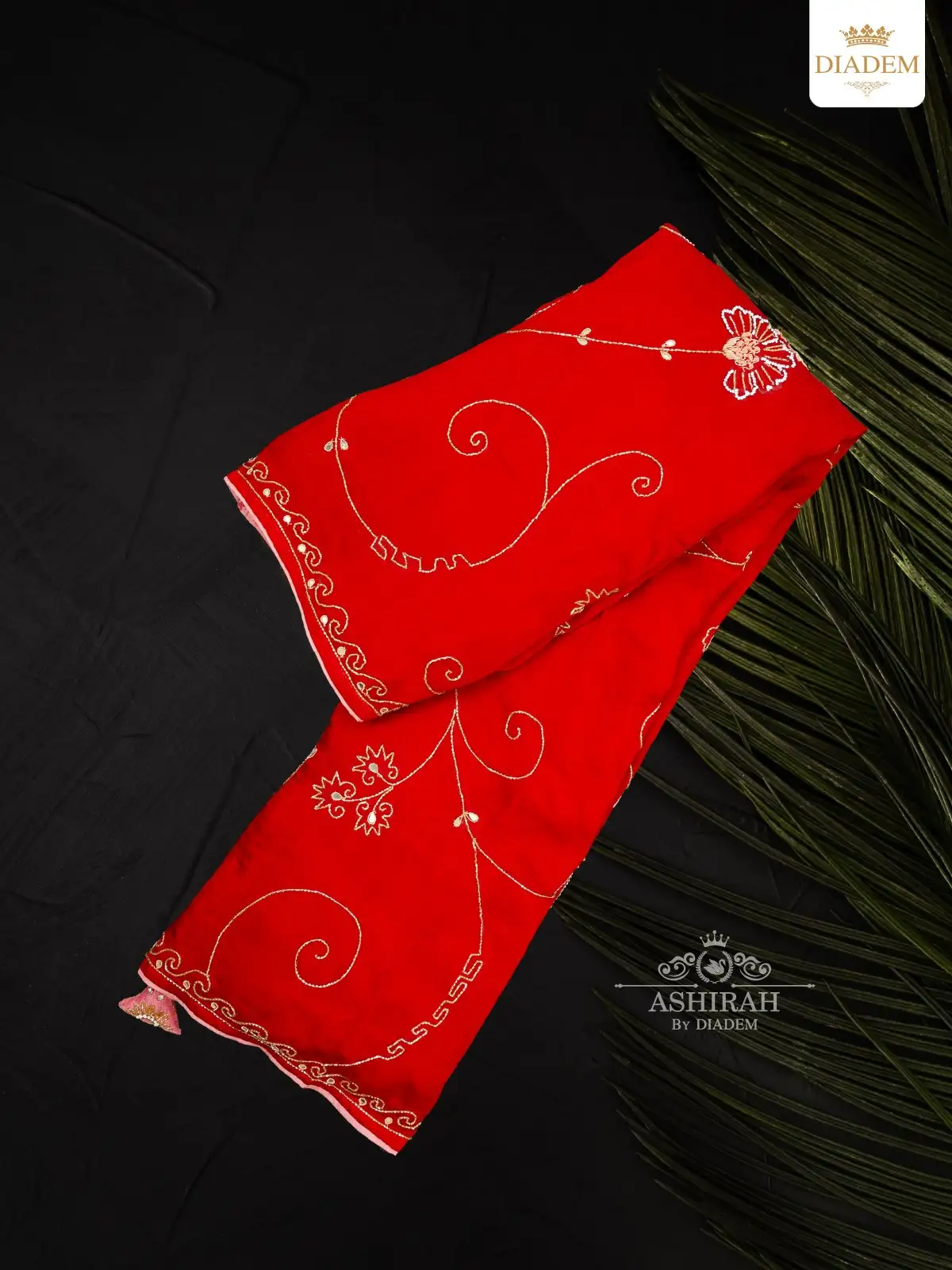 Red Chiffon Saree Embellished With Beads And  Mirror Work