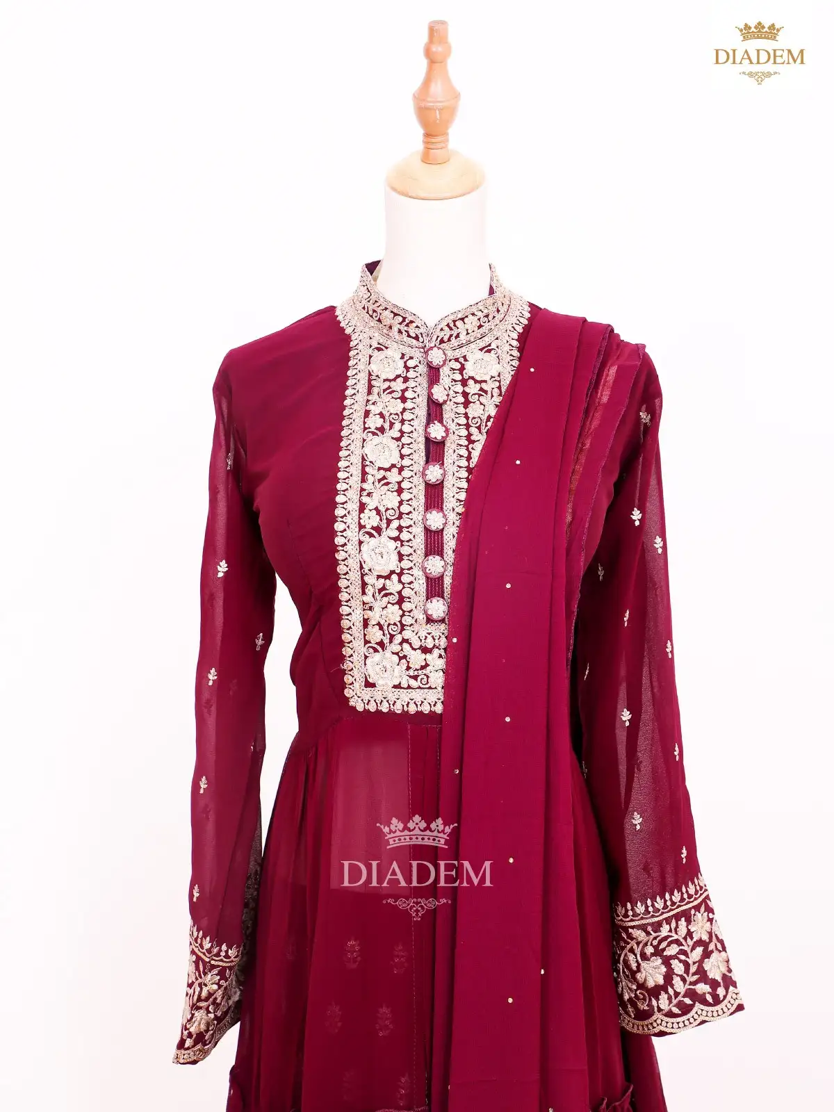 Burgundy Palazzo Suit Adorned With Floral Embroideries And Dupatta