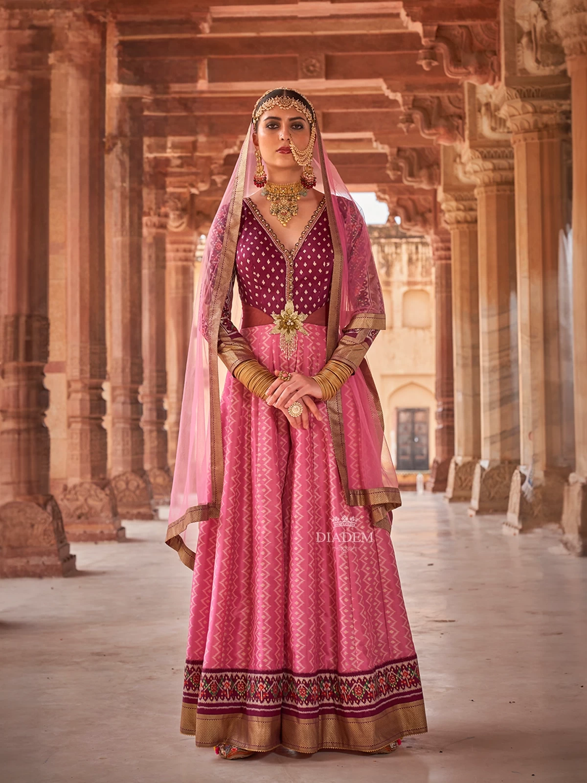 Pink Silk Jumpsuit Embellished with Ikkat Prints and Floral Embroideries, Paired with Dupatta