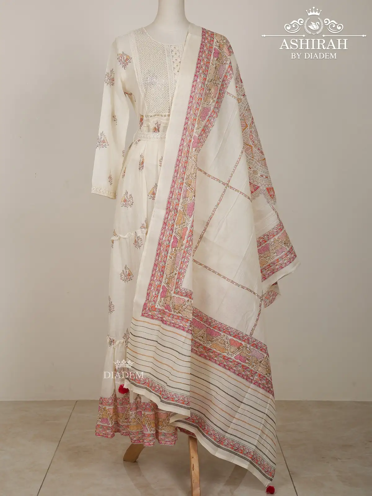 Off White Anarkali Suit Adorned in Floral Prints with Dupatta