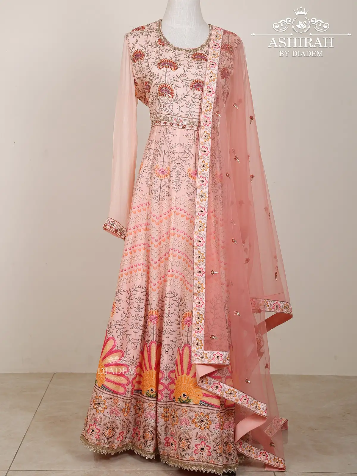 Light Pink Anarkali Suit Embellished In Floral Embroideries With Dupatta