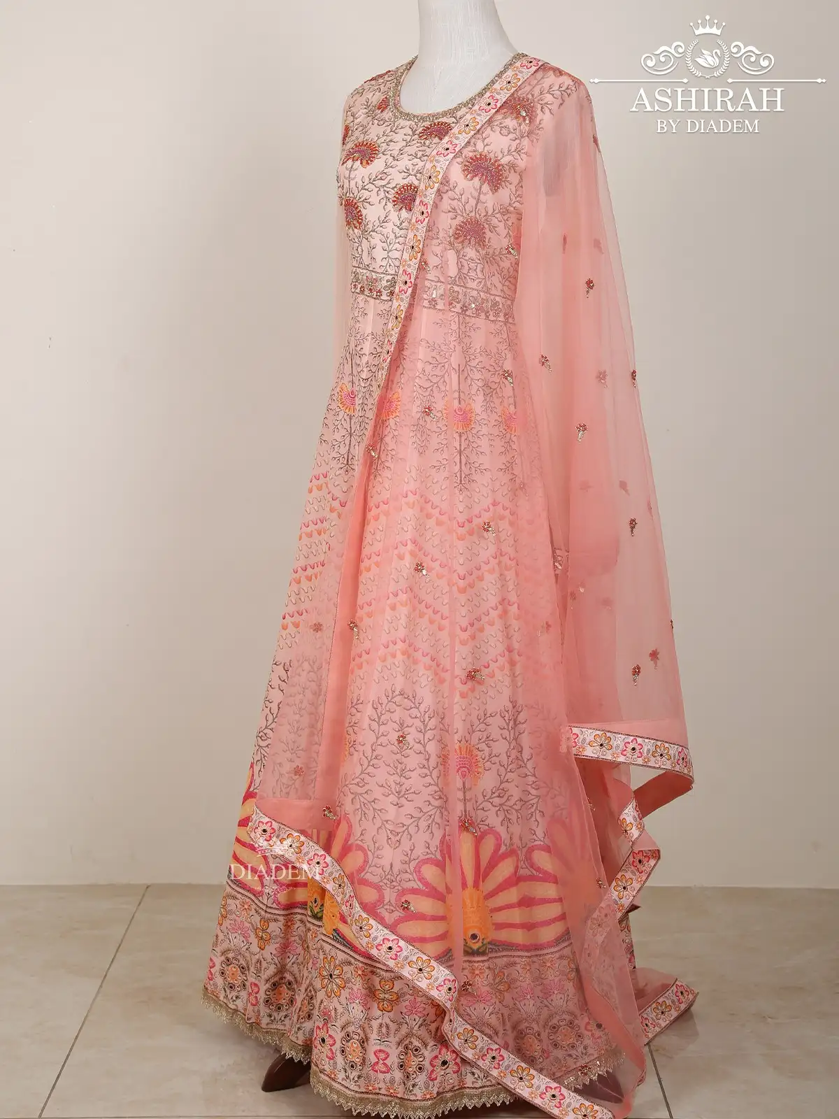 Light Pink Anarkali Suit Embellished In Floral Embroideries With Dupatta
