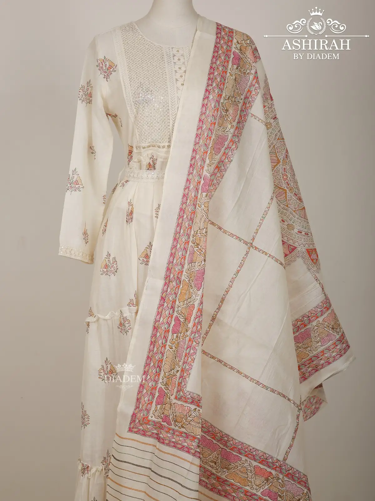 Off White Anarkali Suit Adorned In Floral Prints With Dupatta