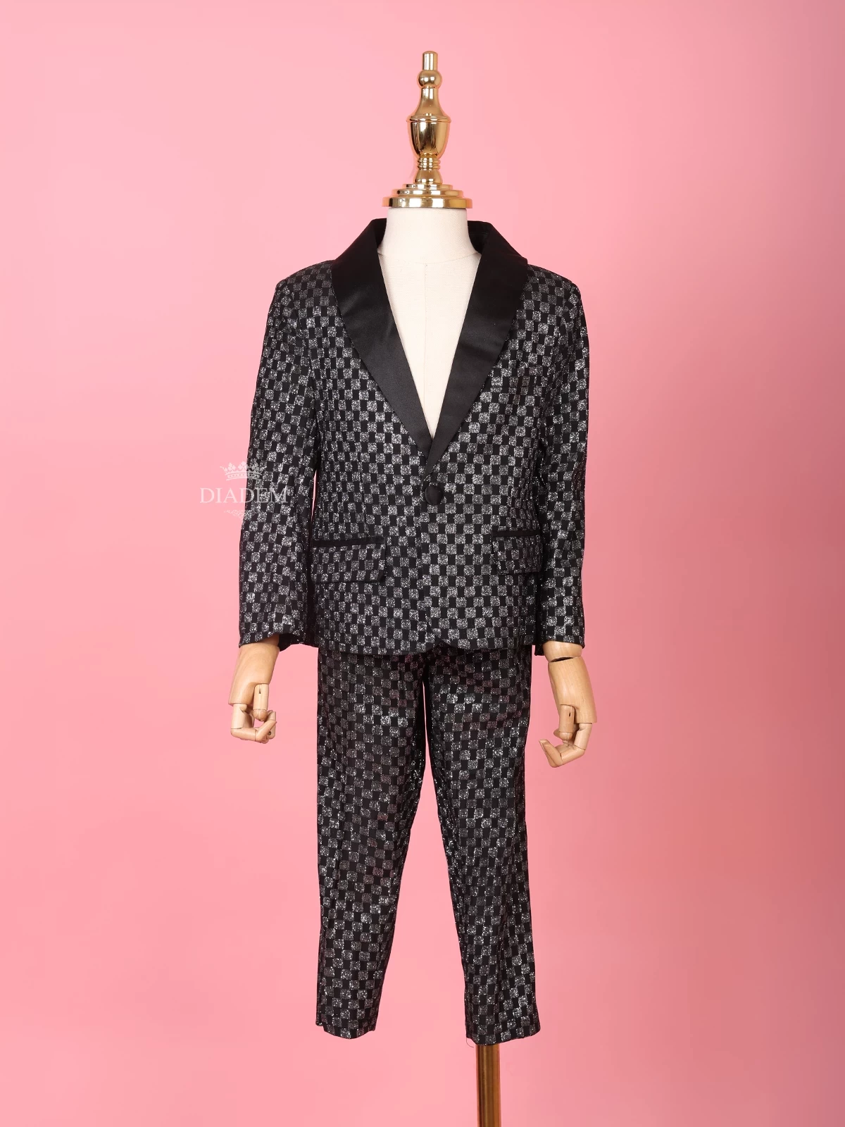 Black and Silver Shimmer Tuxedo with Checked Pattern Coat Suit for Boys