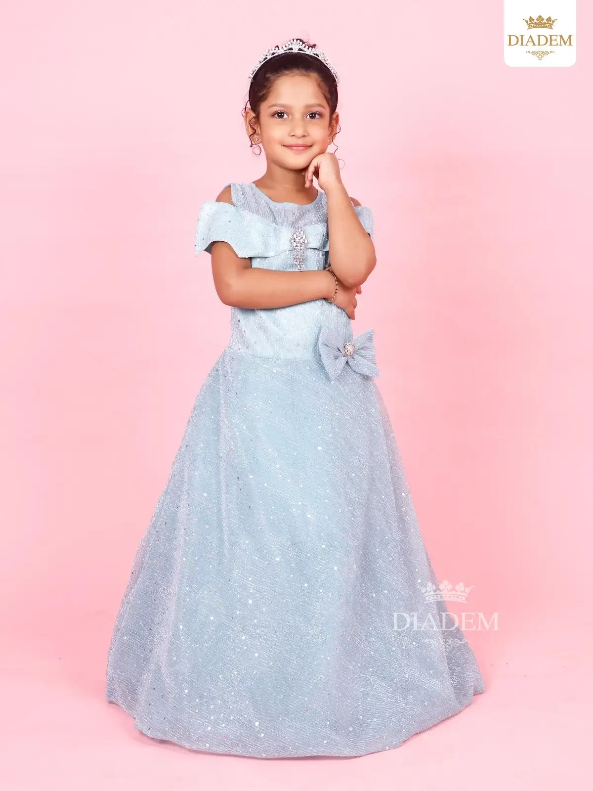 Silver Dotted And Attached Bow Design Kids Gown