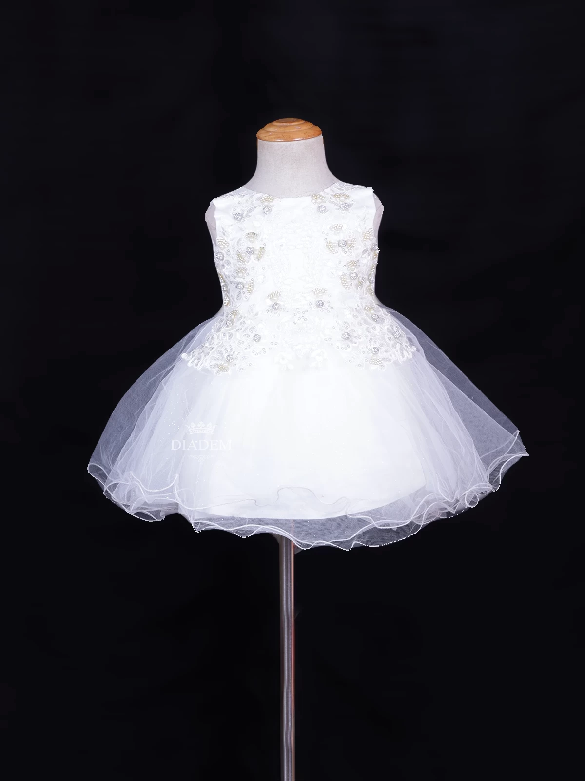 Net Frock Adorned with Floral Laces and Pearl Beads