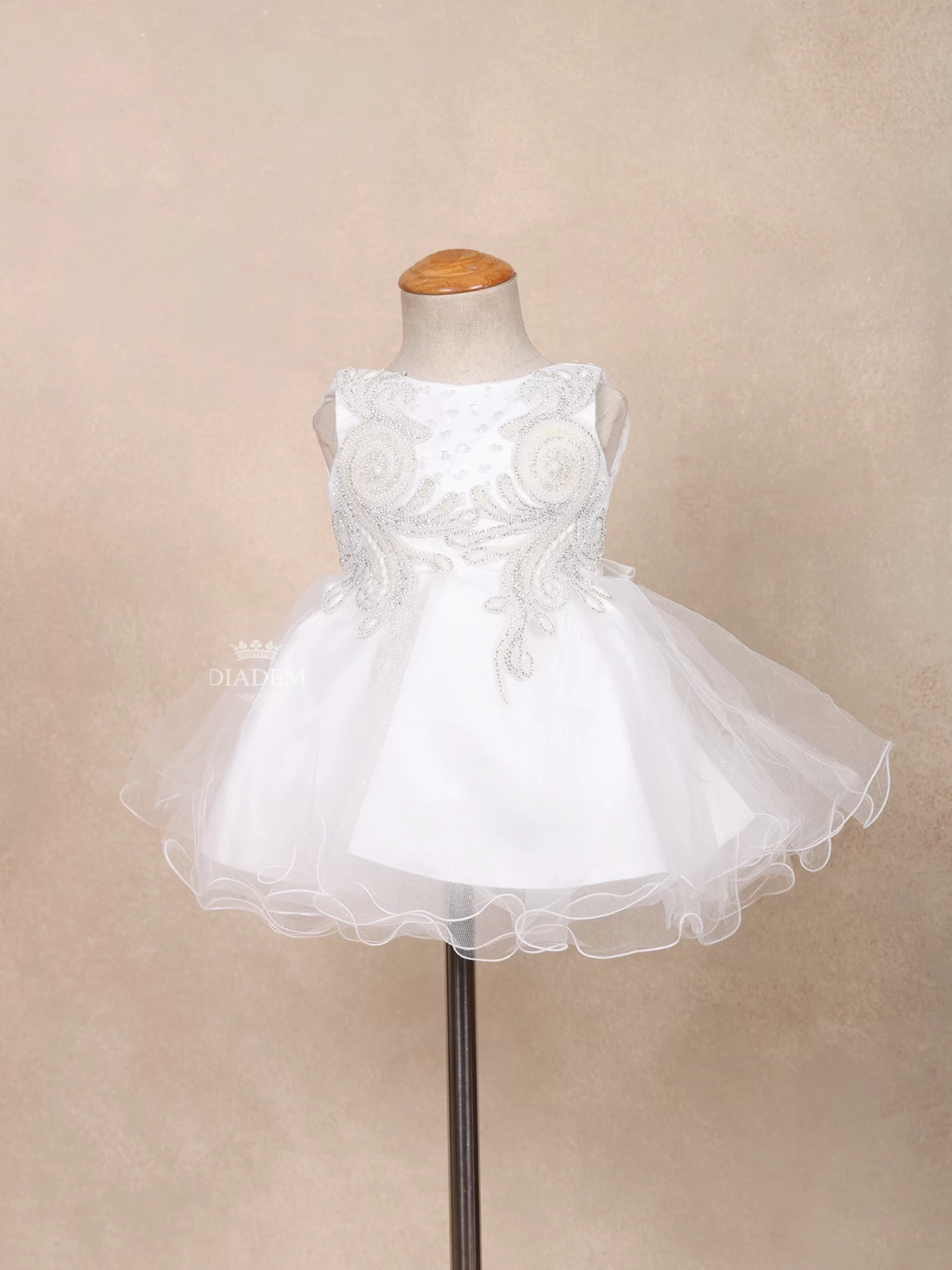 White Net Kids Frock Embellished with Floral Threadwork Embroidery and Stones