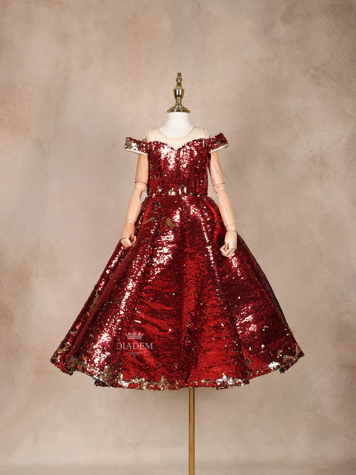 Red Net Box Pleat Gown Adorned With Allover Sequin Embellishments