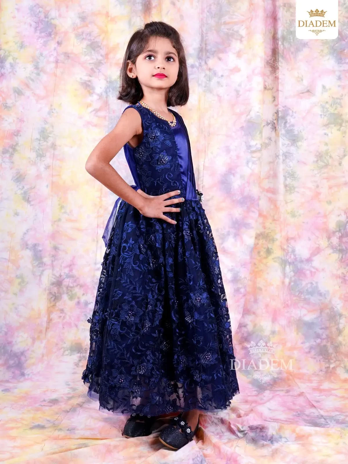Navy Blue Gown Embellished In Floral Design Laces And Beads