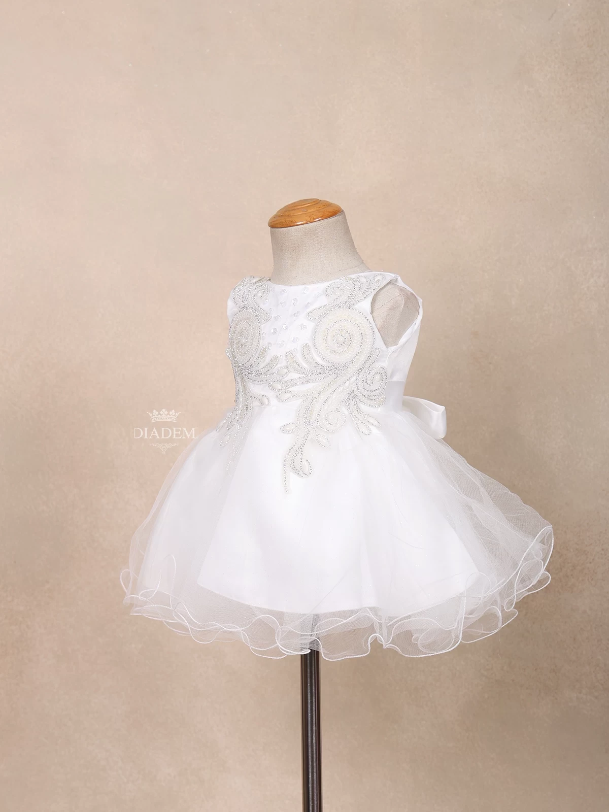 White Net Kids Frock Embellished With Floral Threadwork Embroidery And Stones