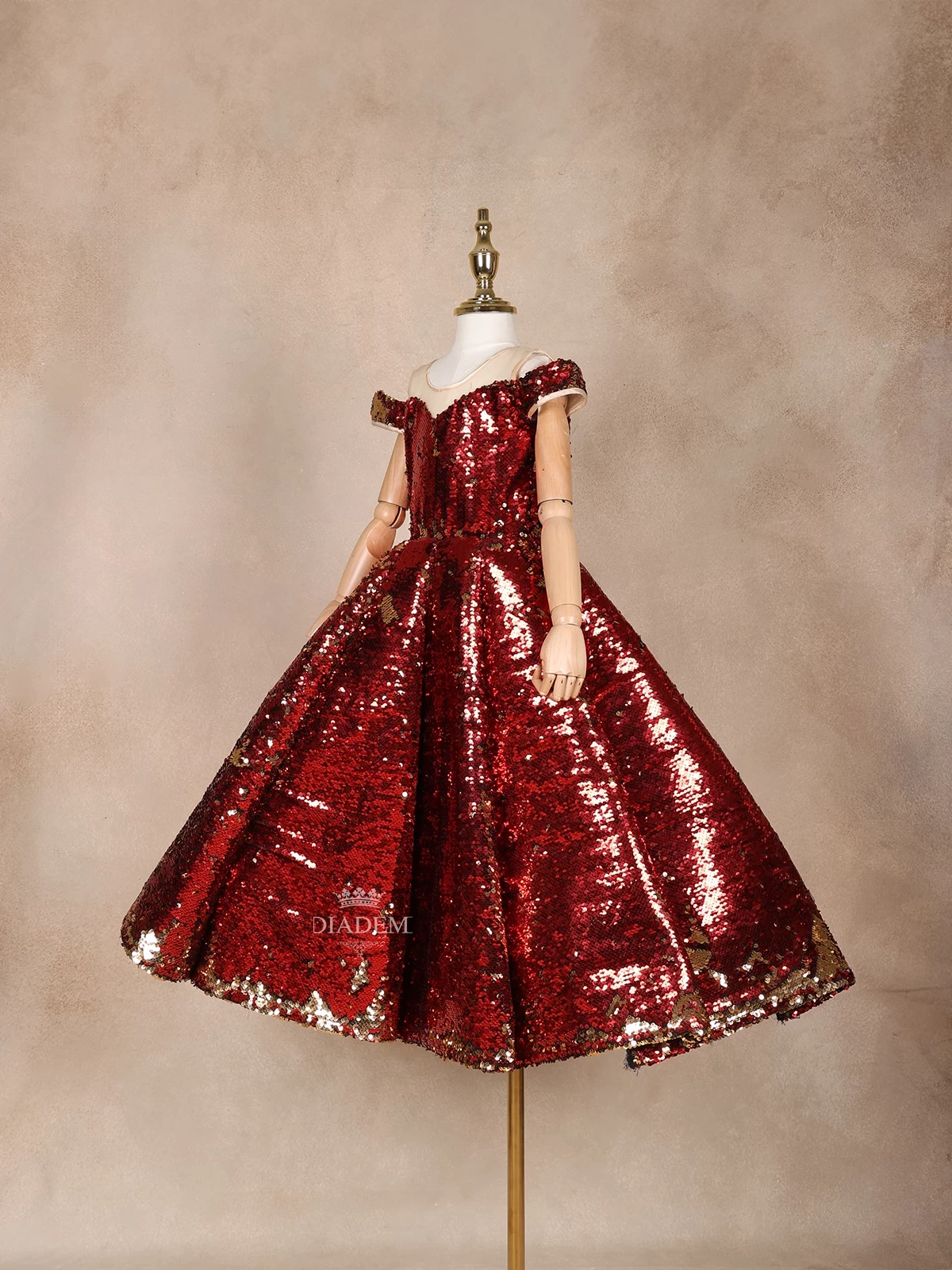 Red Net Box Pleat Gown Adorned With Allover Sequin Embellishments