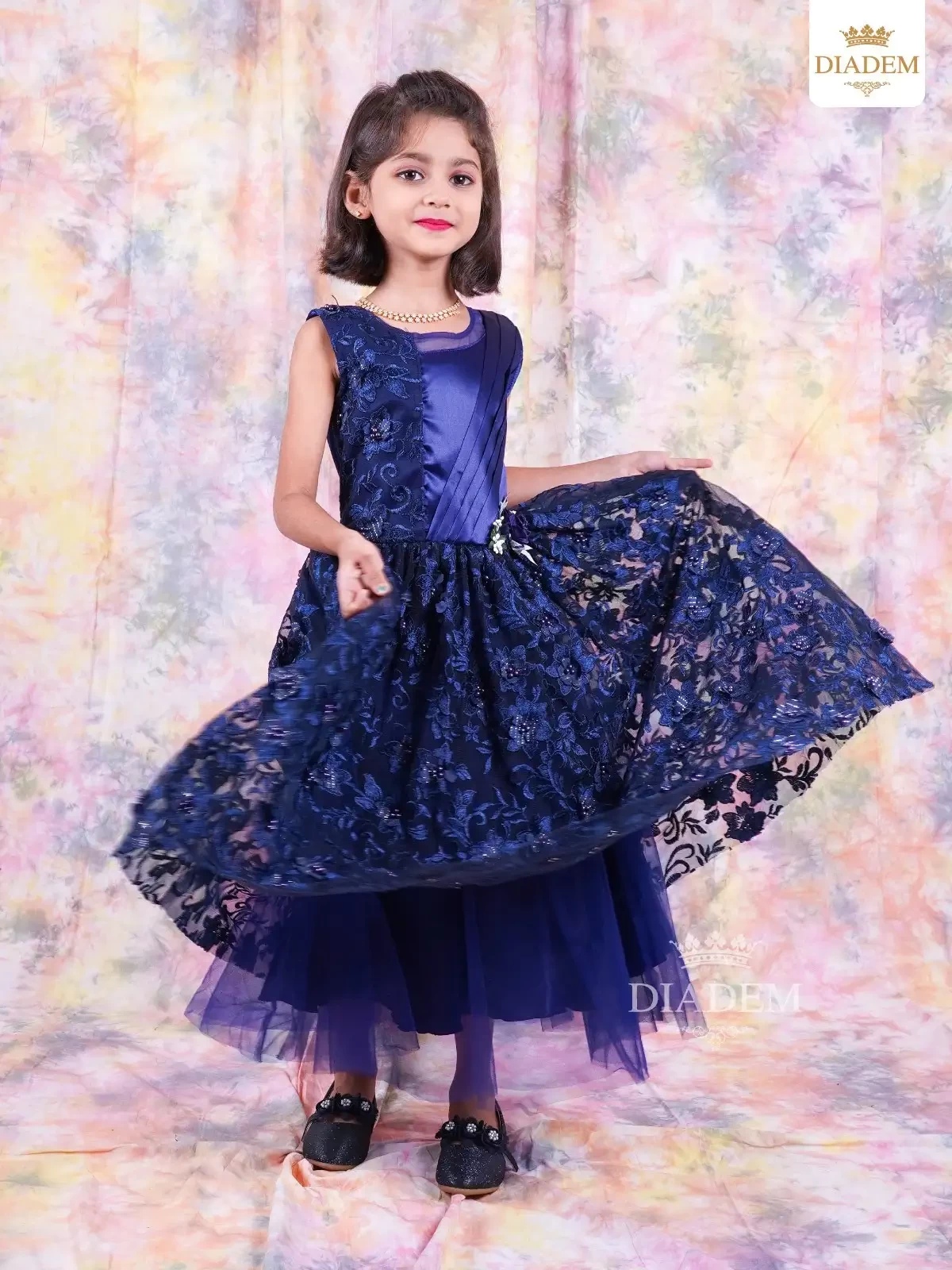 Navy Blue Gown Embellished In Floral Design Laces And Beads