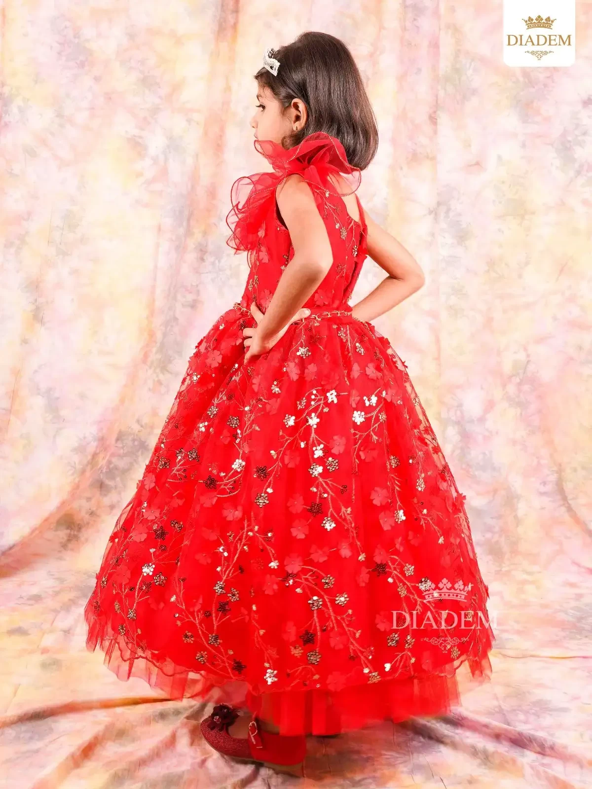 Scarlet Red Gown Embellished In Sequins And Flower Design