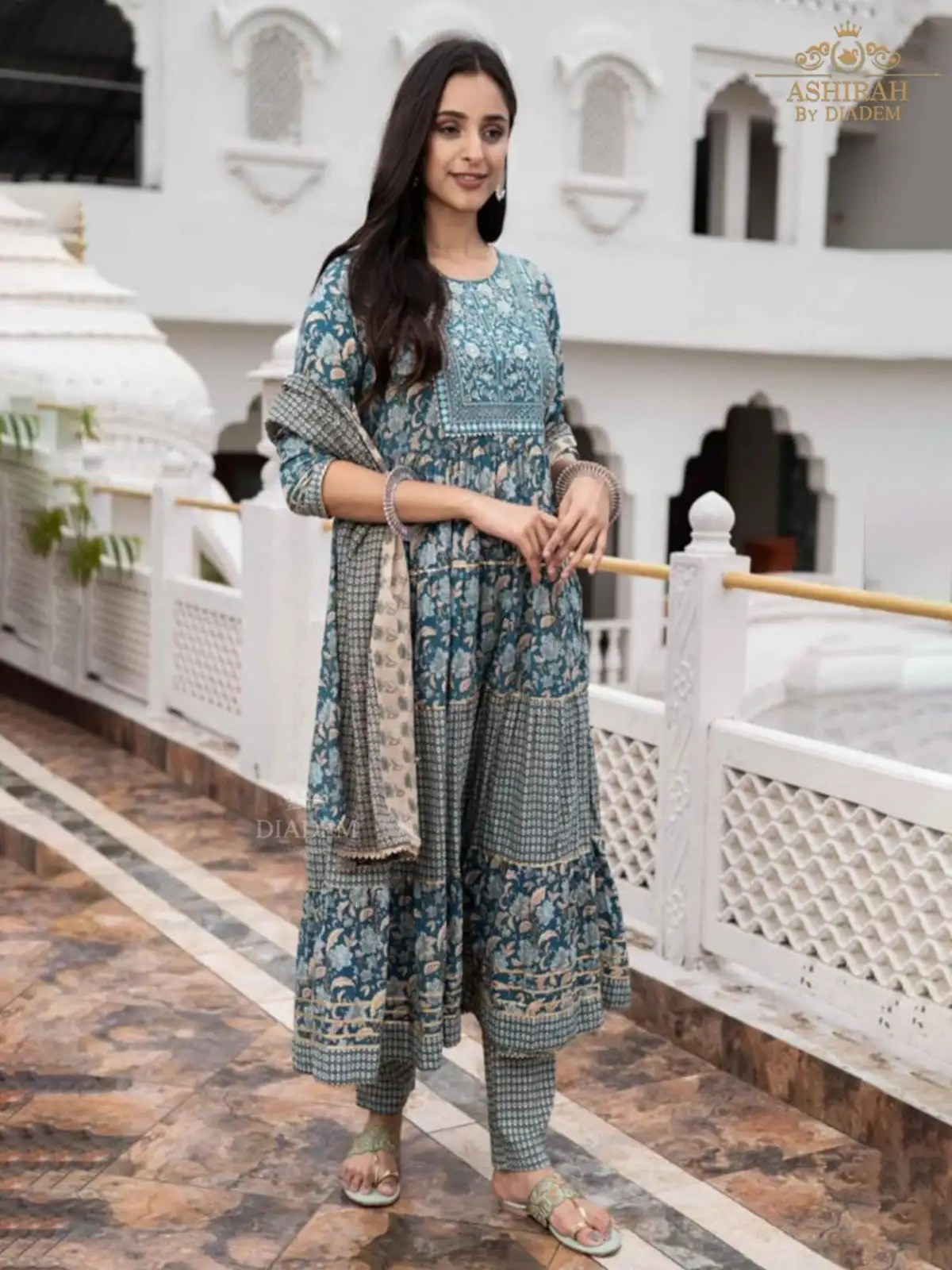 Teal Green Straight Cut Suit Enhanced In Floral Prints And Embroideries With Dupatta