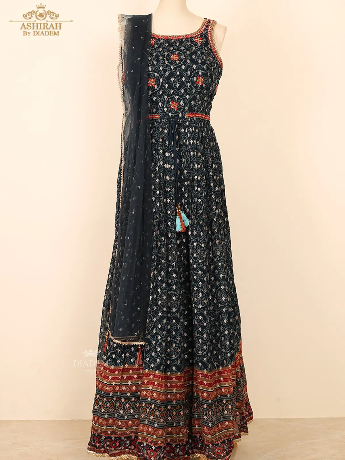 Anarkali Suit Enhanced in Prints and Threads with Dupatta
