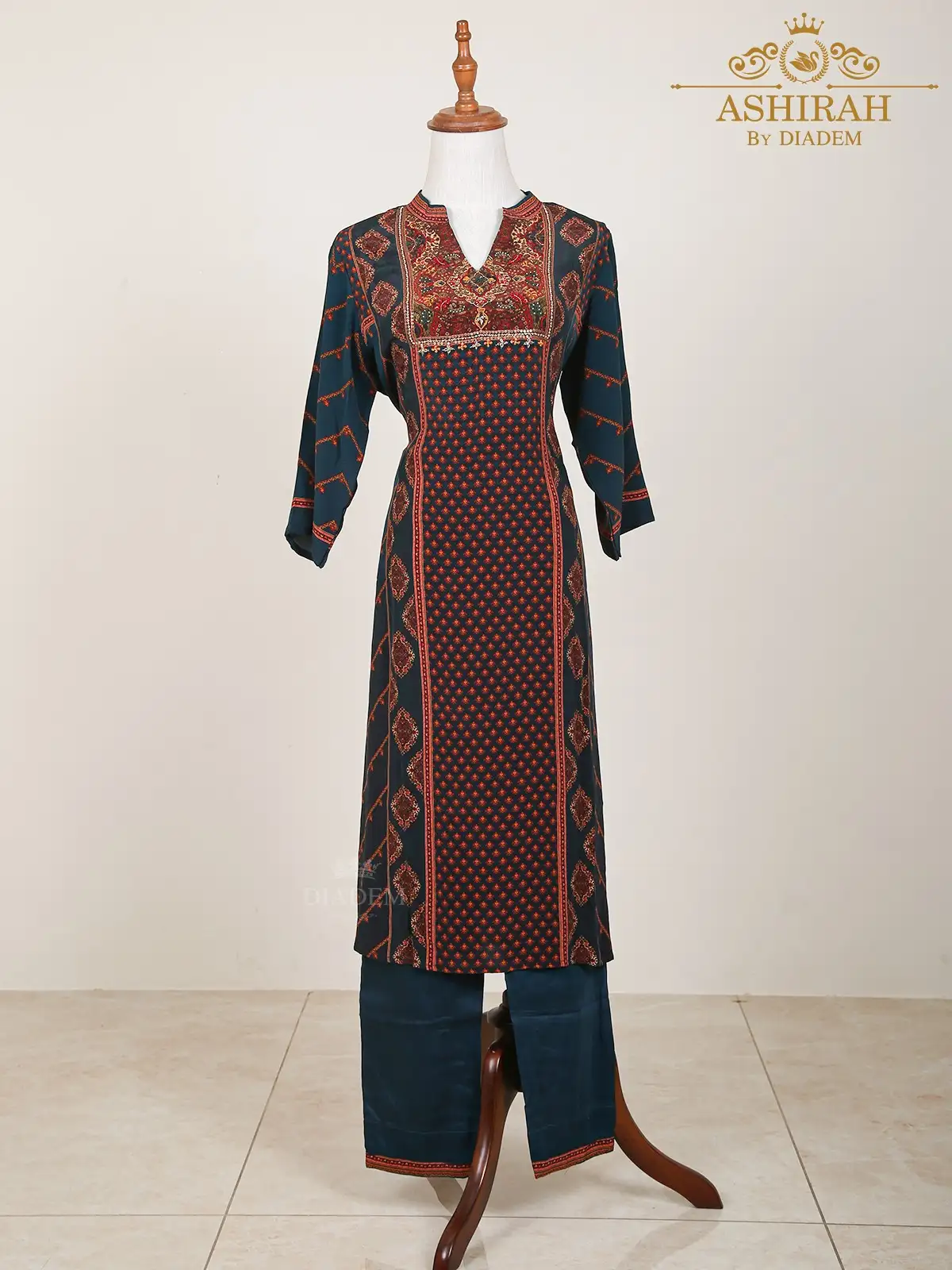 Dark Blue Straight Cut Suit Adorned With Prints And Sequins