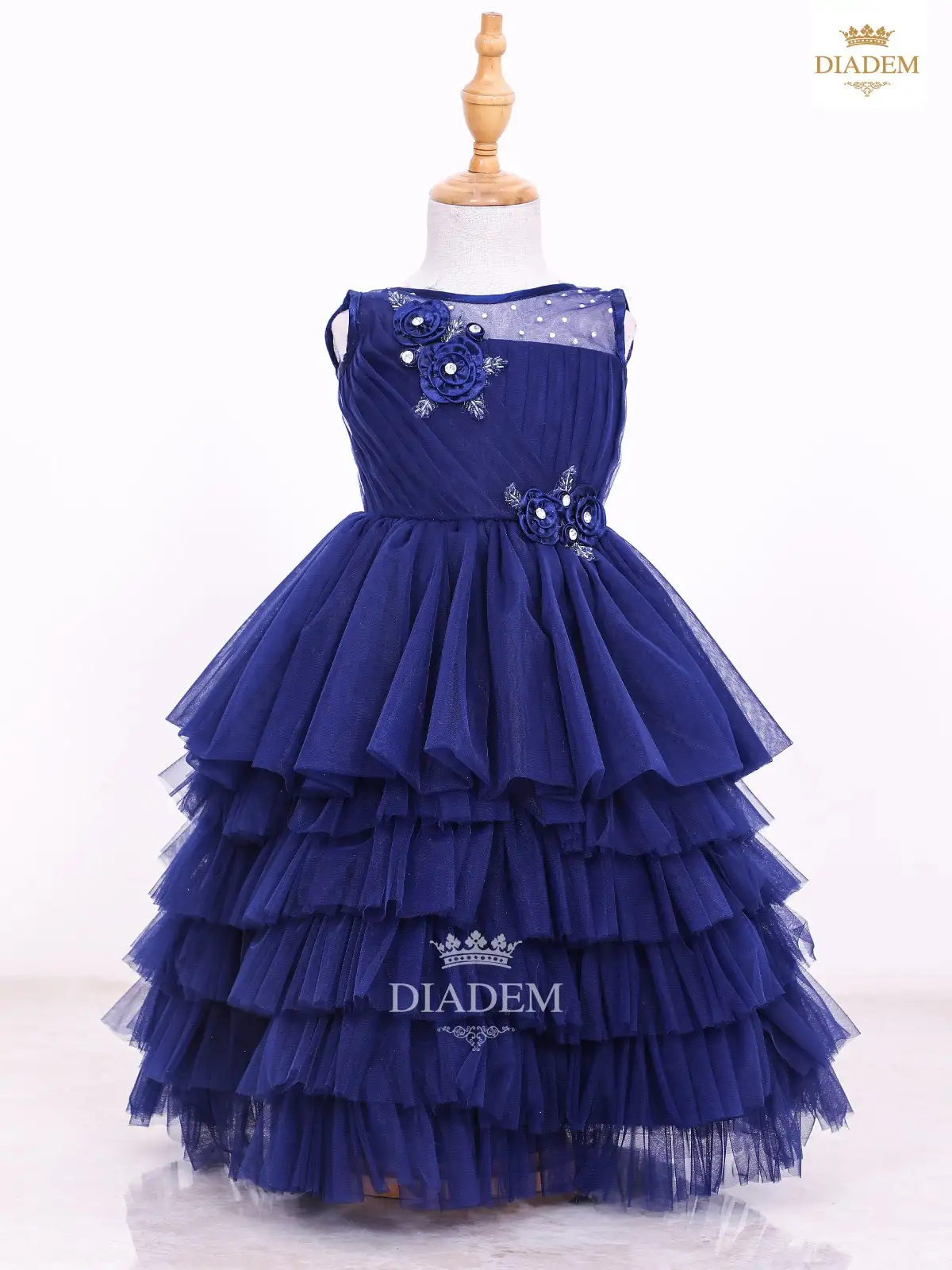 Dark Blue Gown Embellished In Crystal Beads And Frilled Bottom