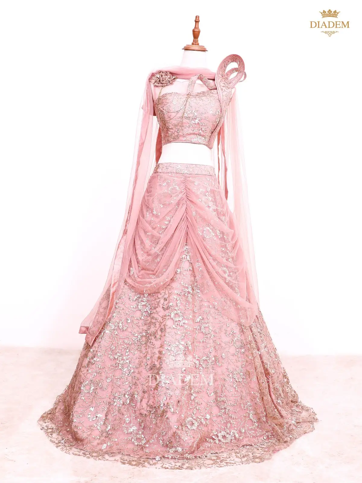 Baby Pink Lehenga Embellished In Floral Laces And Sequins With Dupatta