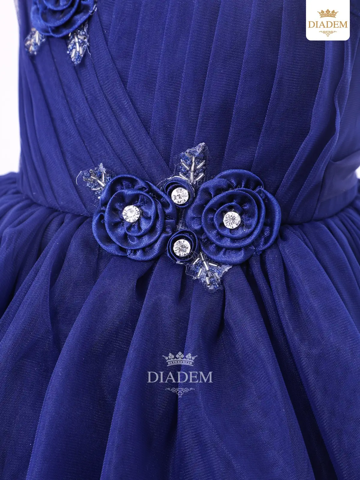 Dark Blue Gown Embellished In Crystal Beads And Frilled Bottom