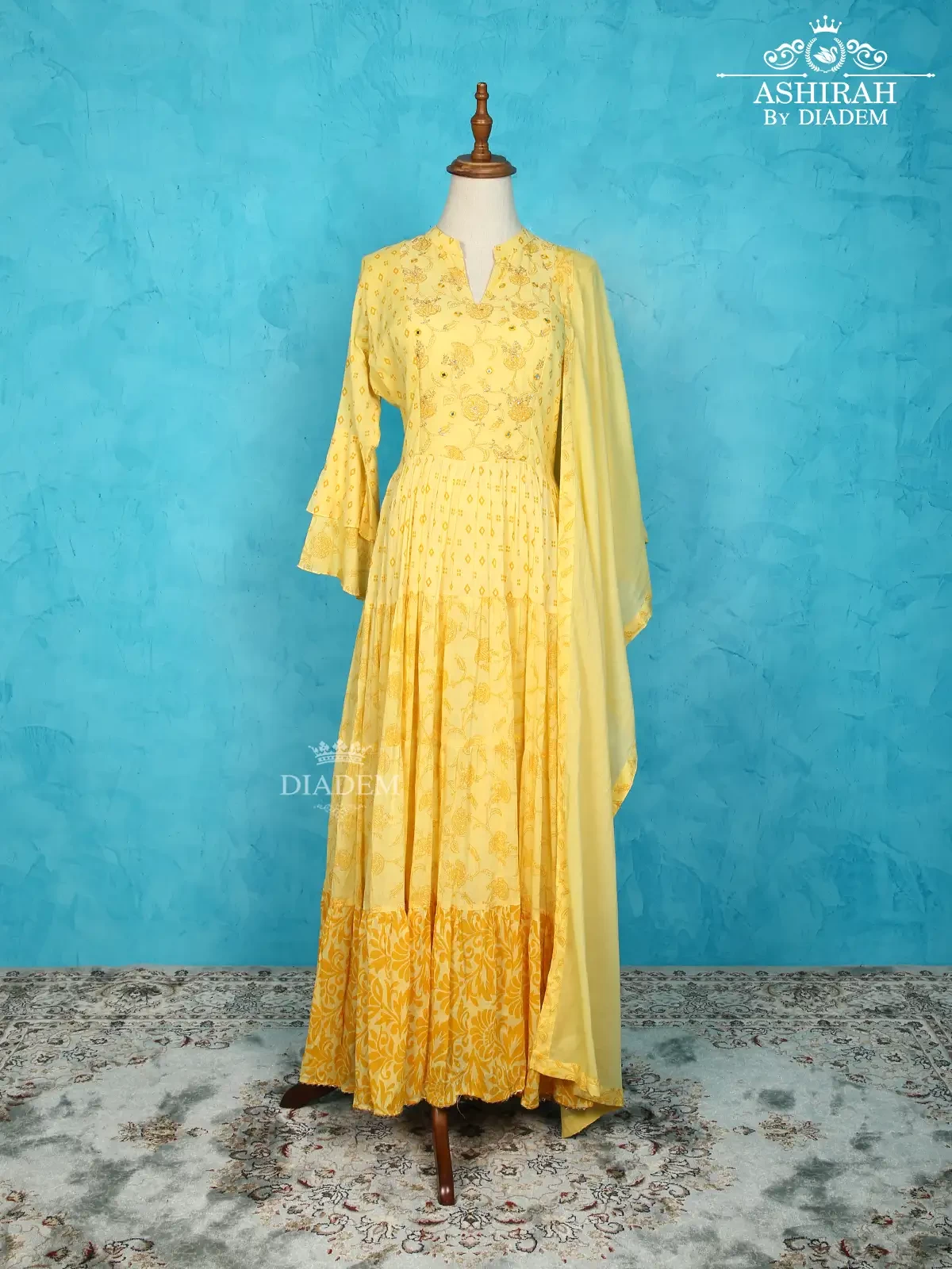 Yellow Cotton Anarkali Suit Enhanced with Floral Prints along with Dupatta