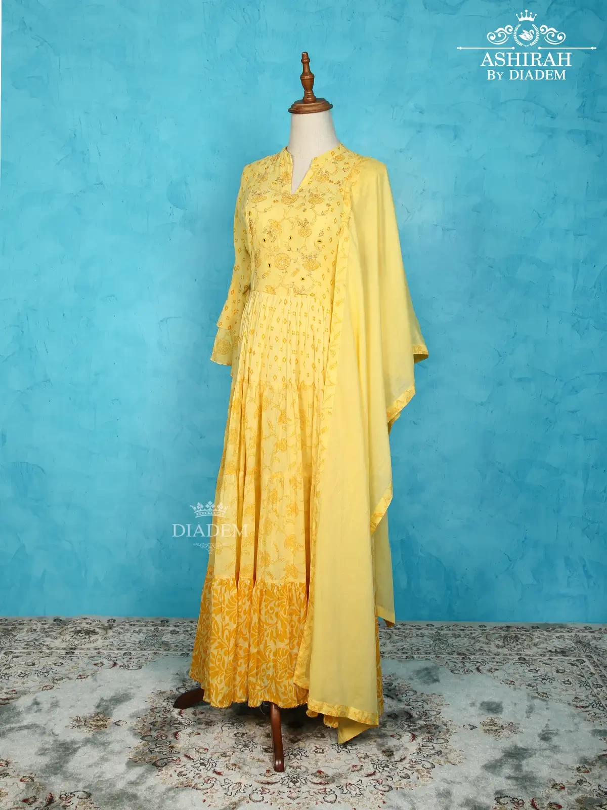 Yellow Cotton Anarkali Suit Enhanced With Floral Prints Along With Dupatta