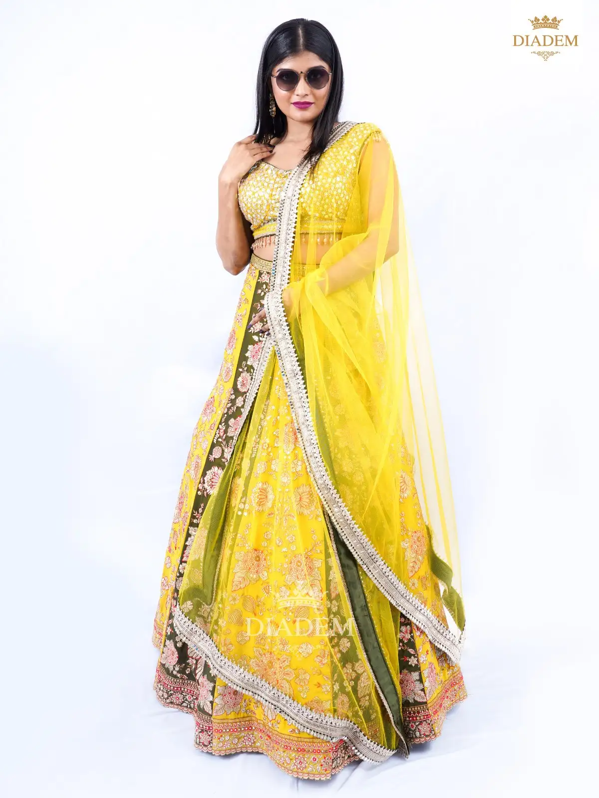 Yellow and Black with Heavy Flower Motifs Embroidery Lehenga with Dupatta