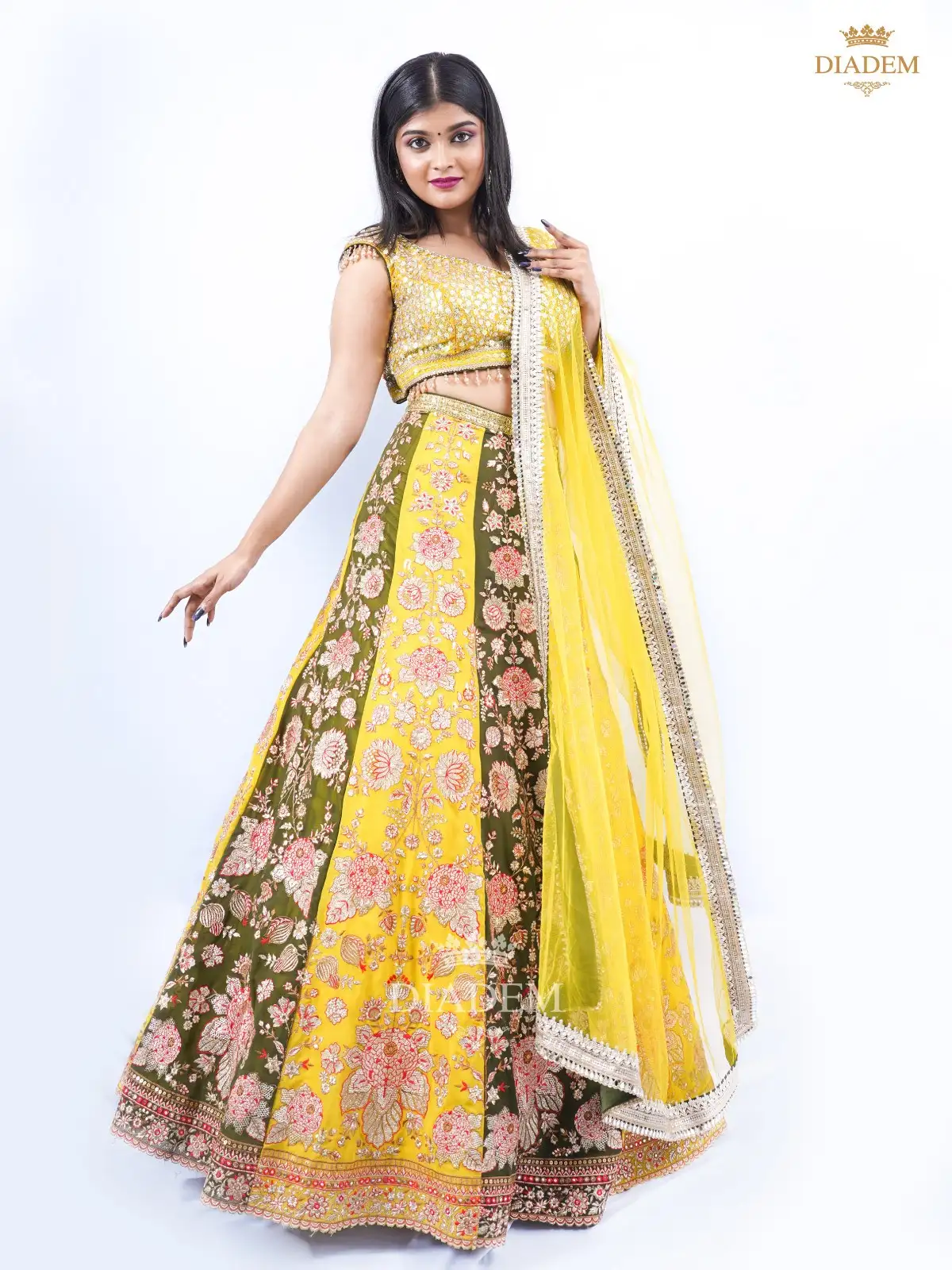 Yellow Net Lehenga Adorned With Floral Embroideries With Dupatta