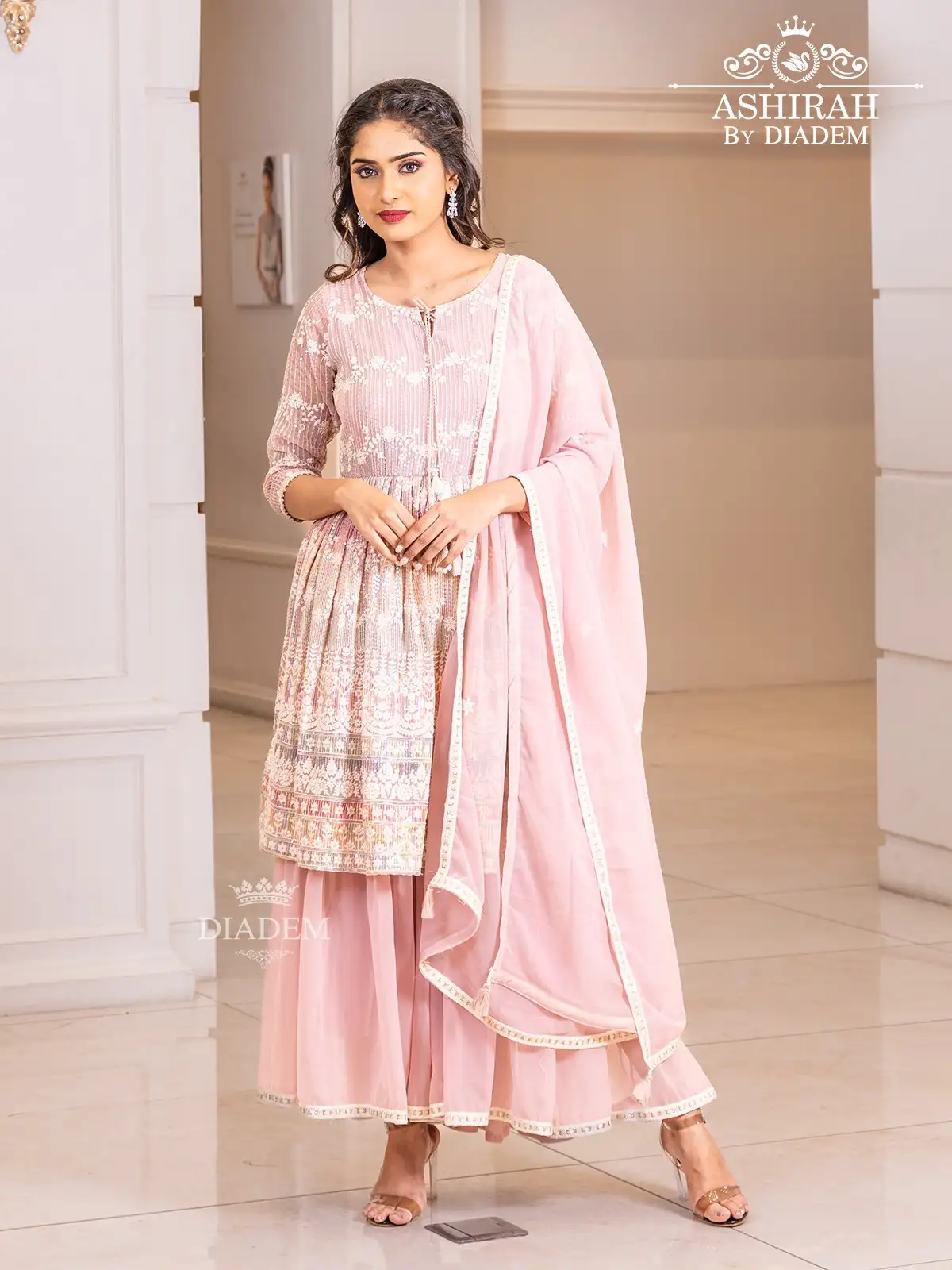 Light Pink Sharara Suit with Thread Work and Sequins Embellished Top along with Dupatta