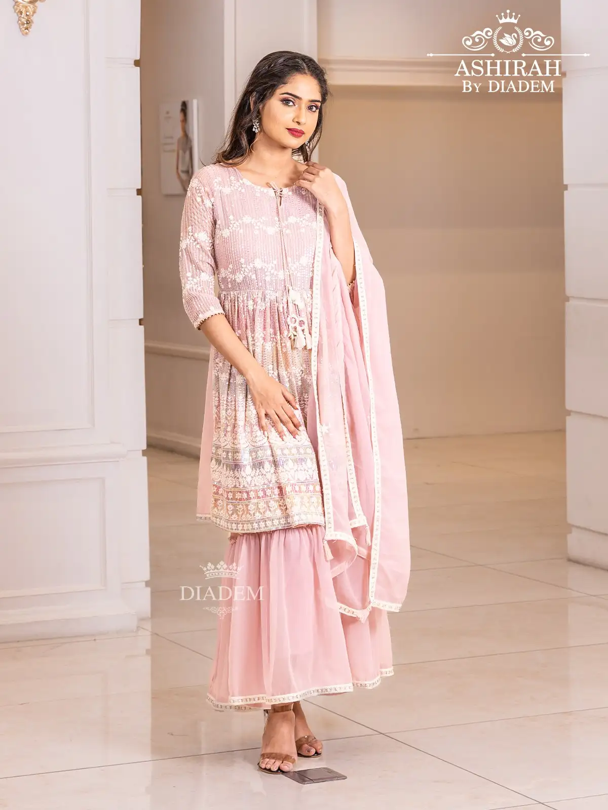 Light Pink Sharara Suit With Thread Work And Sequins Embellished Top Along With Dupatta
