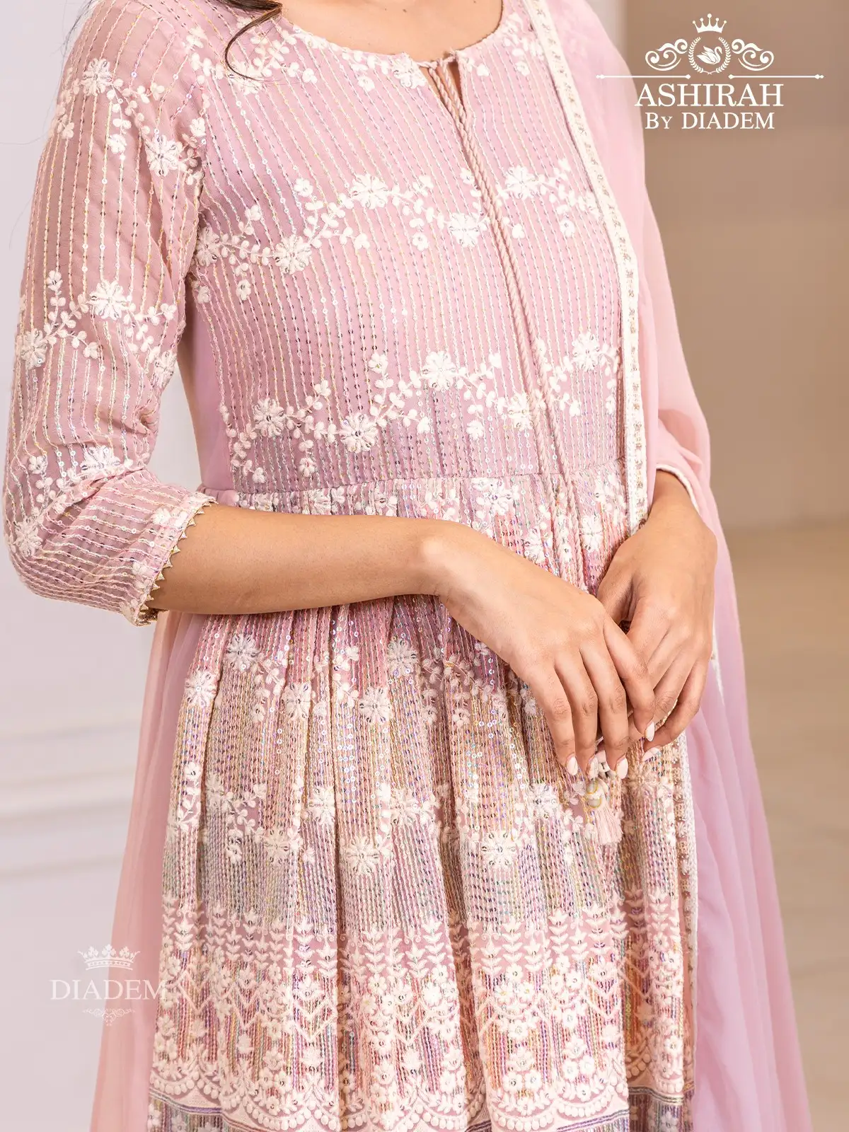 Light Pink Sharara Suit With Thread Work And Sequins Embellished Top Along With Dupatta
