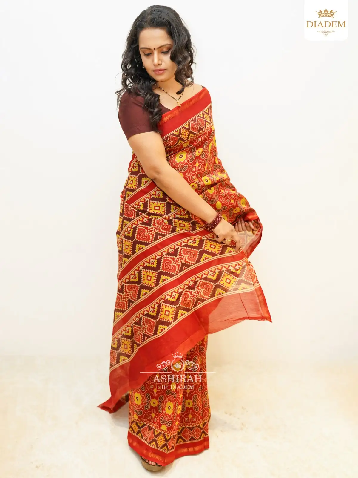 Red Chanderi Silk Cotton Saree Adorned With Ikkat Design Prints