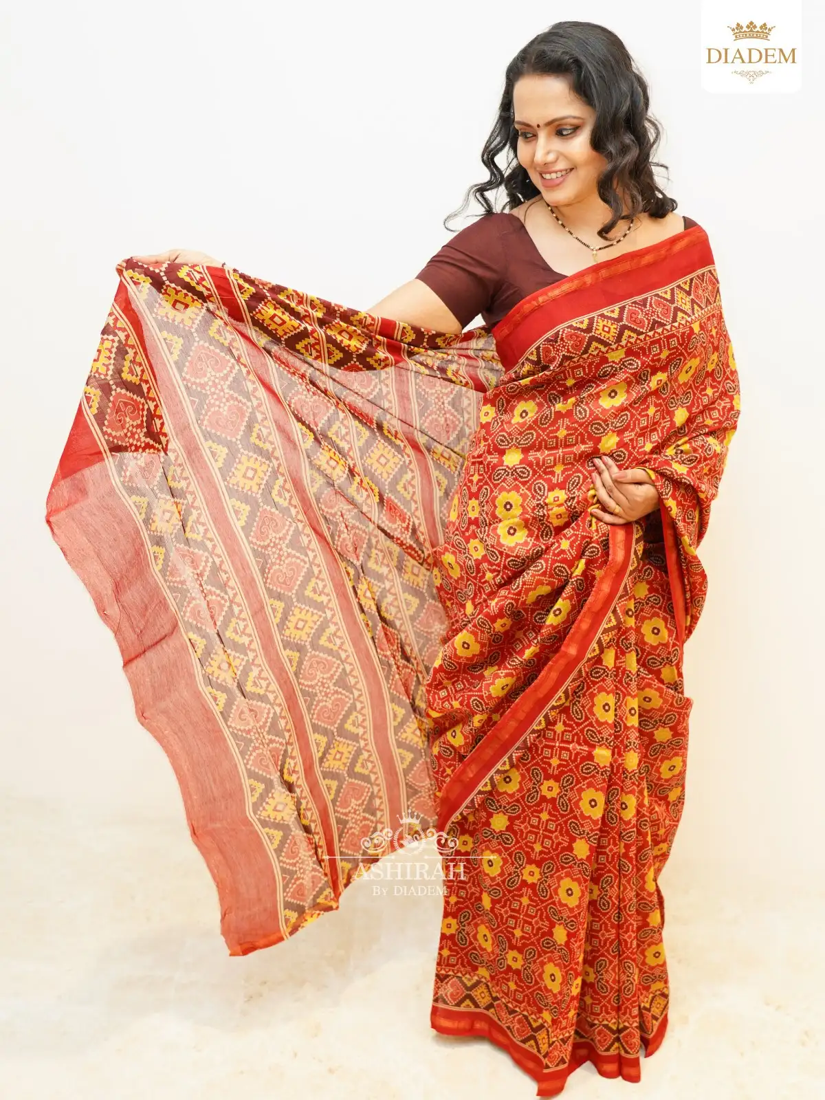 Red Chanderi Silk Cotton Saree Adorned With Ikkat Design Prints