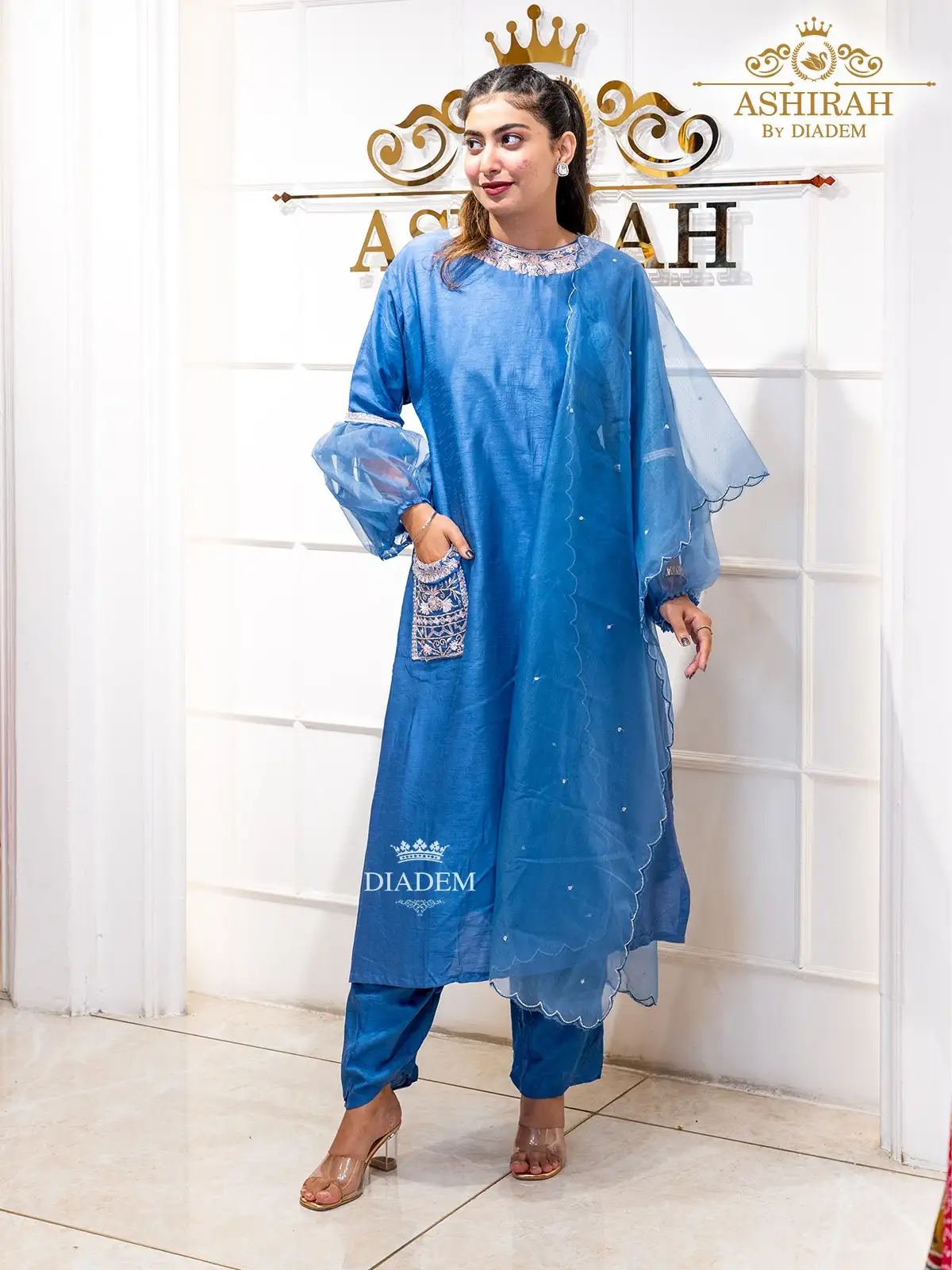 Blue Straight Cut Suit Enhanced With Sequins And Beads With Dupatta