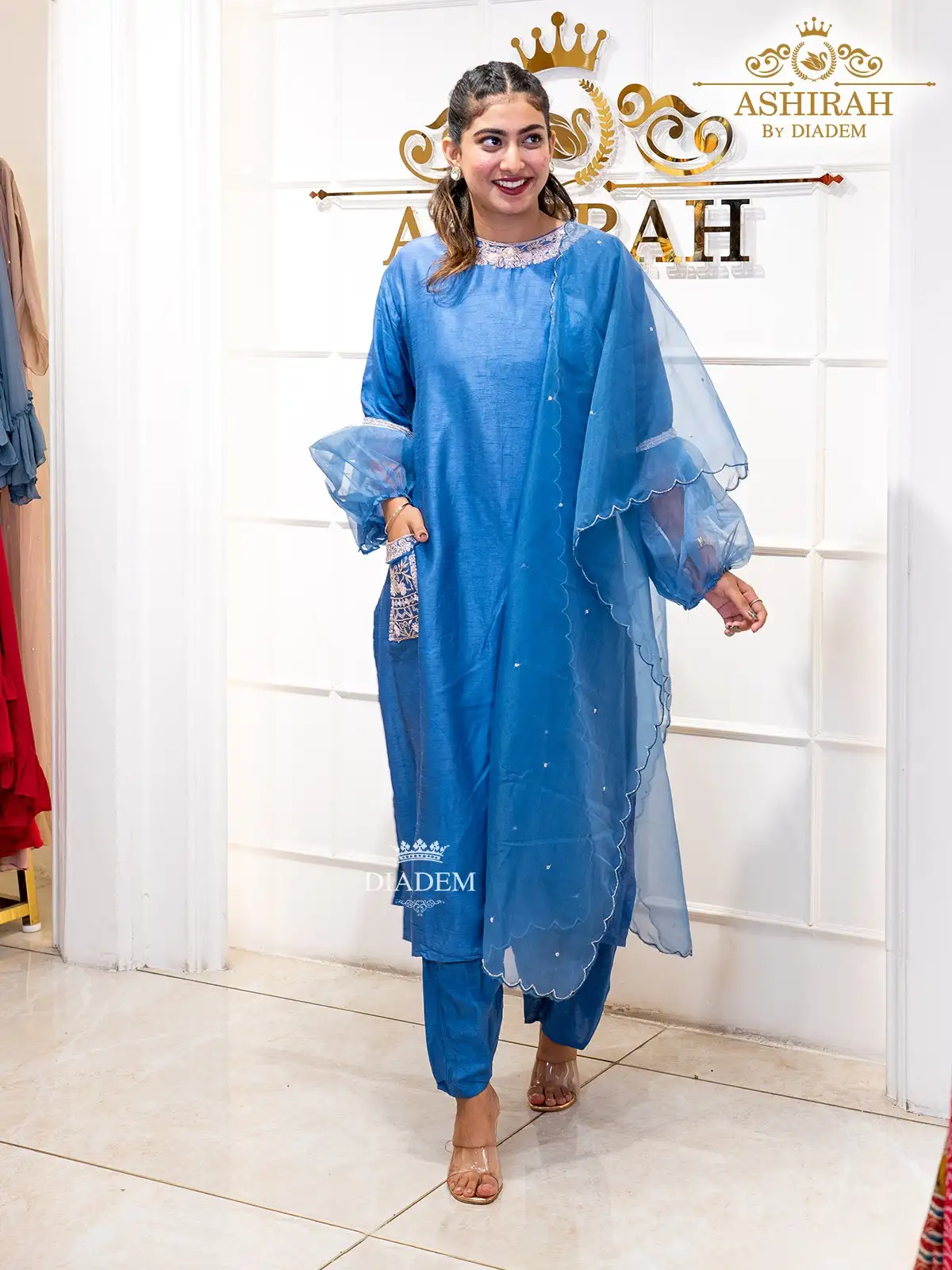 Blue Straight Cut Suit Enhanced With Sequins And Beads With Dupatta
