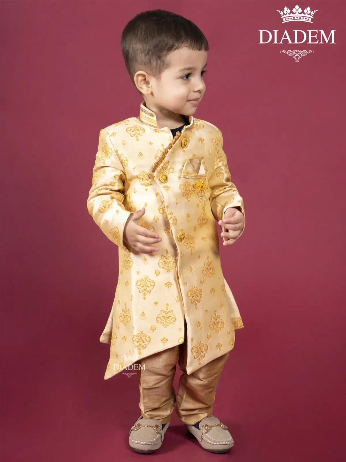 Gold Indo Western Sherwani Adorned In Brocades With Brooch