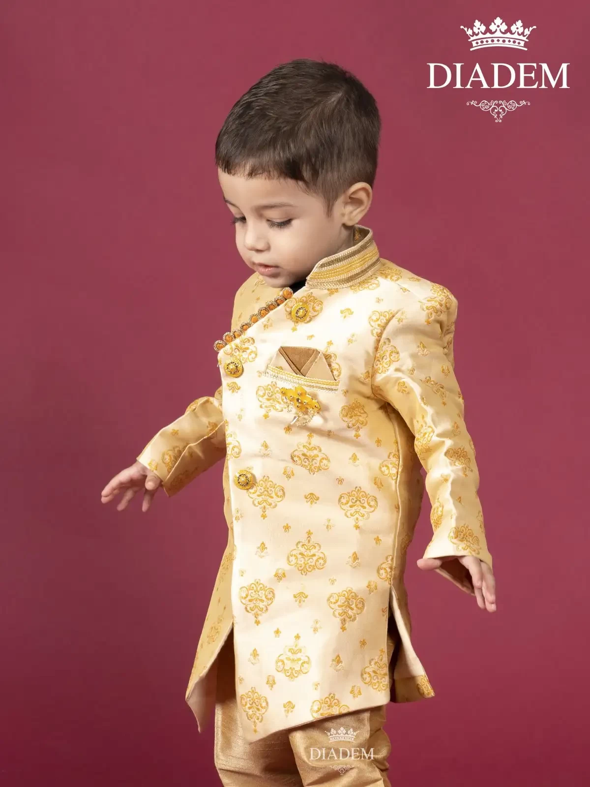 Gold Indo Western Sherwani Adorned In Brocades With Brooch