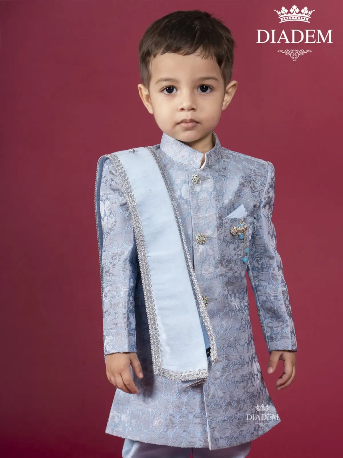 Santa Grey Indo Western Sherwani Adorned In Floral Brocades With Stole And Brooch