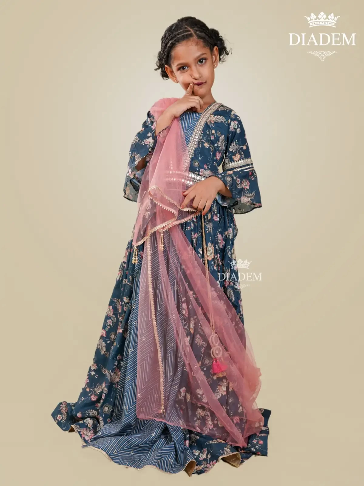 Ink Blue Lehenga Embellished In Floral Design Prints Along With Embroideries And Dupatta