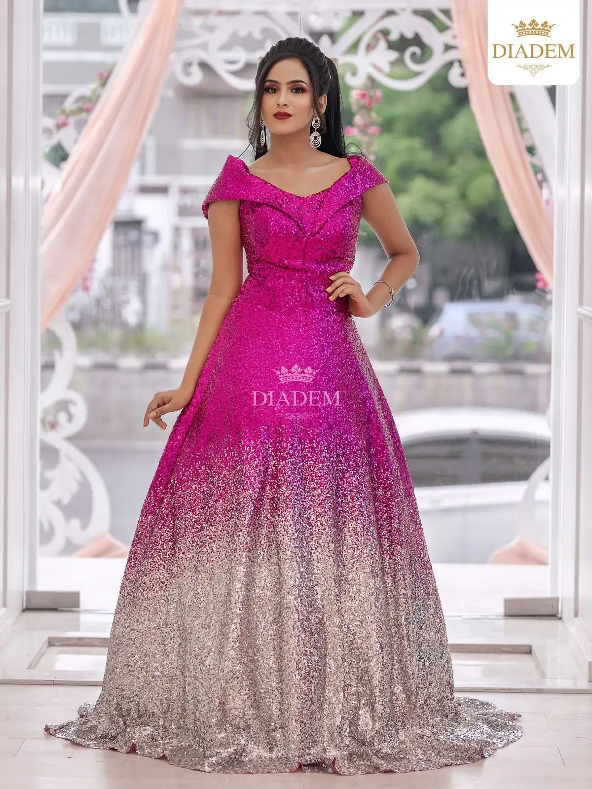 Dark Pink Ombre Gown Embellished With Sequins