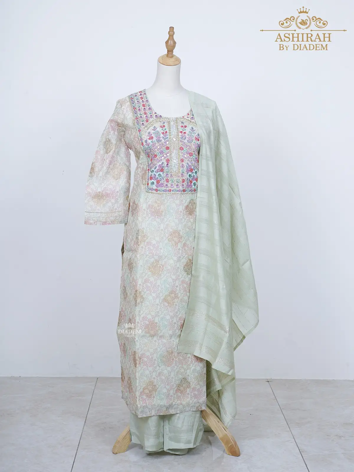 Pista Green Straight Cut Suit Adorned In Floral Embroideries And Prints With Pant And Dupatta