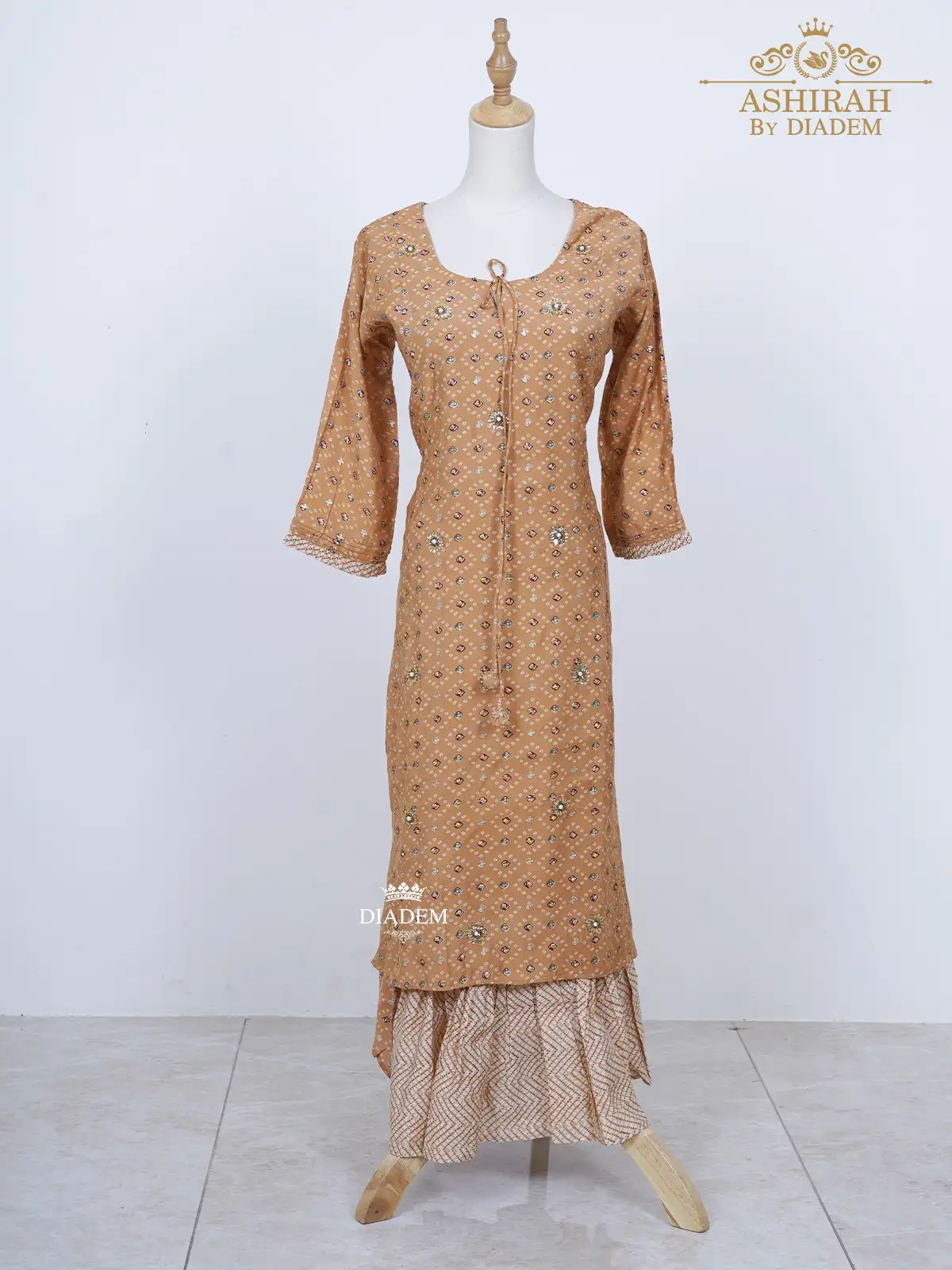 Brown Long Kurti Adorned In Prints And Sequins